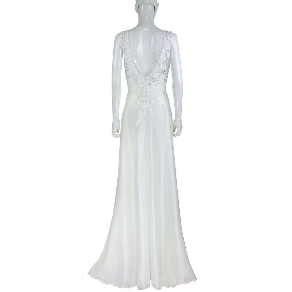 Trendy Solid Color Lace Splicing Dress Hollow Out Backless Sleeveless Long Evening Wedding Party Gown For Women MAKOUFEI