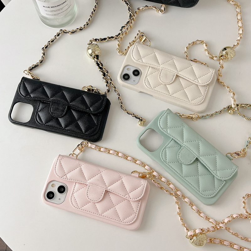 Minimalist Caviar Case for Apple 17 Pro Max with Card Slot, iPhone 16 Crossbody Chain, Luxury 12, 11