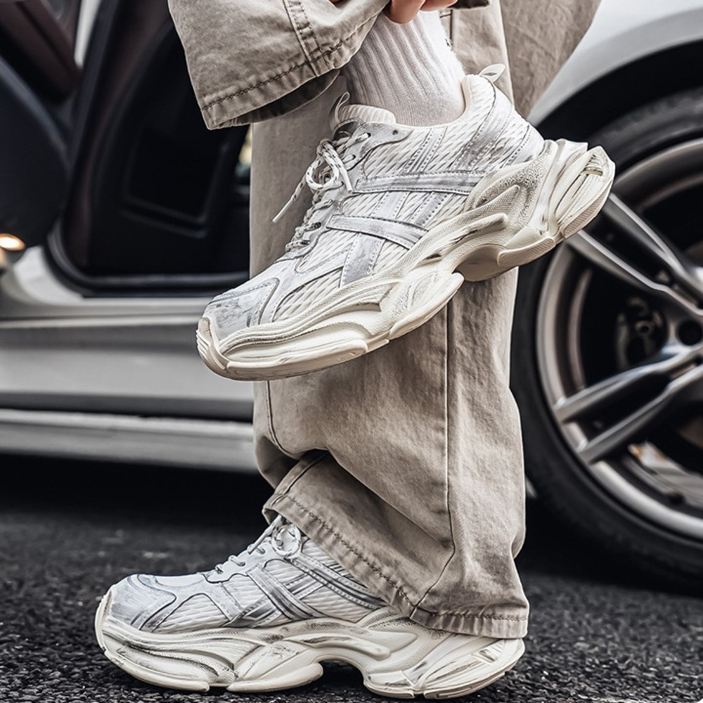 designer shoes Mens Black Silver Chunky Dad Sneakers Running Shoes With Distressed Finish daily outfit