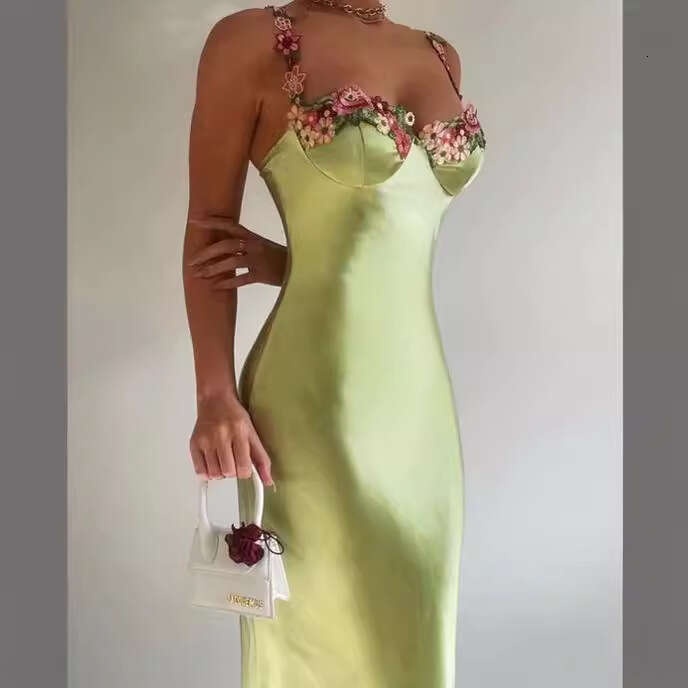 French Niche Satin Lace Dress Spaghetti Strap Pure Desire Bodycon Sexy Long Dress For Women MAKOUFEI