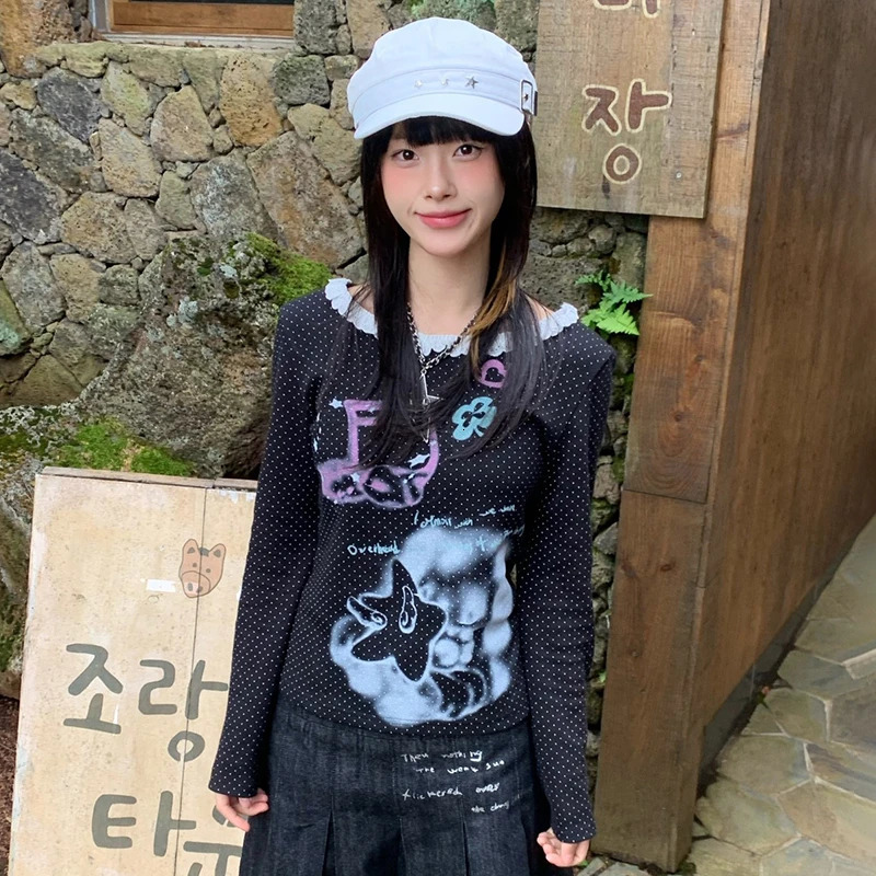 Karrram Japanese Y2k Anime Prin T-shirt 2000s Style Long Sleeve Polka Dot T Shirt Vintage Harajuku Lace Patchwork Tops Cutrecore 260521 - view 7