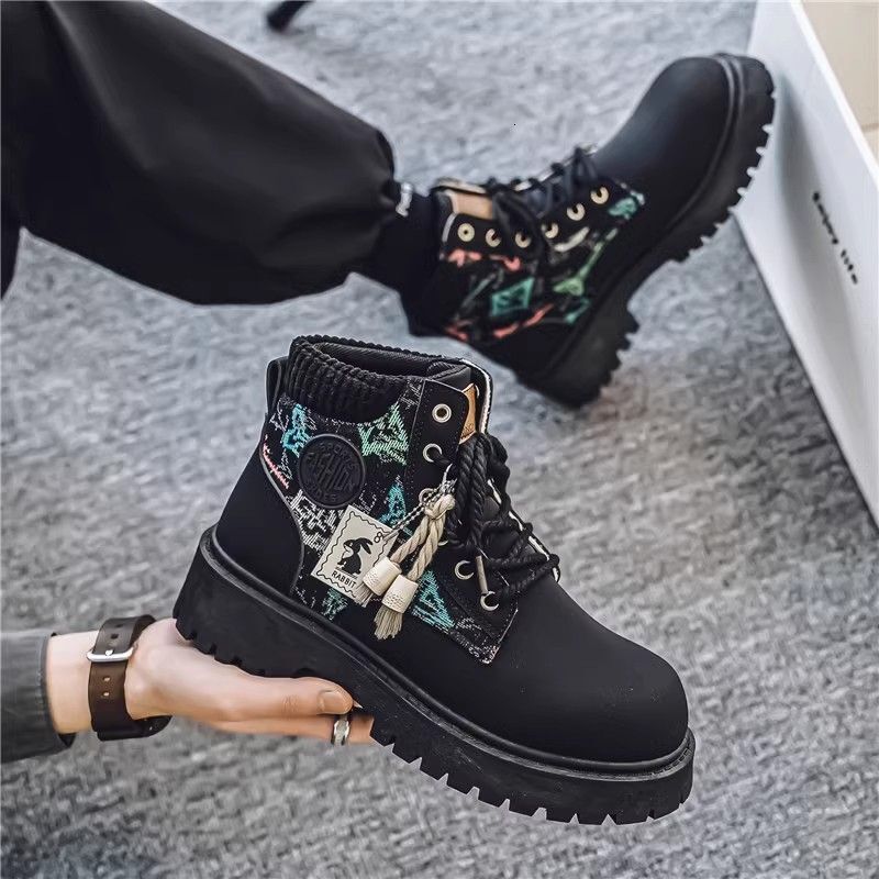 Mens Black Platform Combat Boots With Colorful Embroidery And Tassels daily outfit