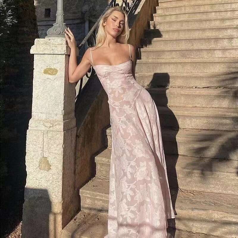 Summer Floral Sheer Strap Dress Slim Fit Sexy Casual Holiday Beach Vacation Wear Elegant Women Long Dress MAKOUFEI