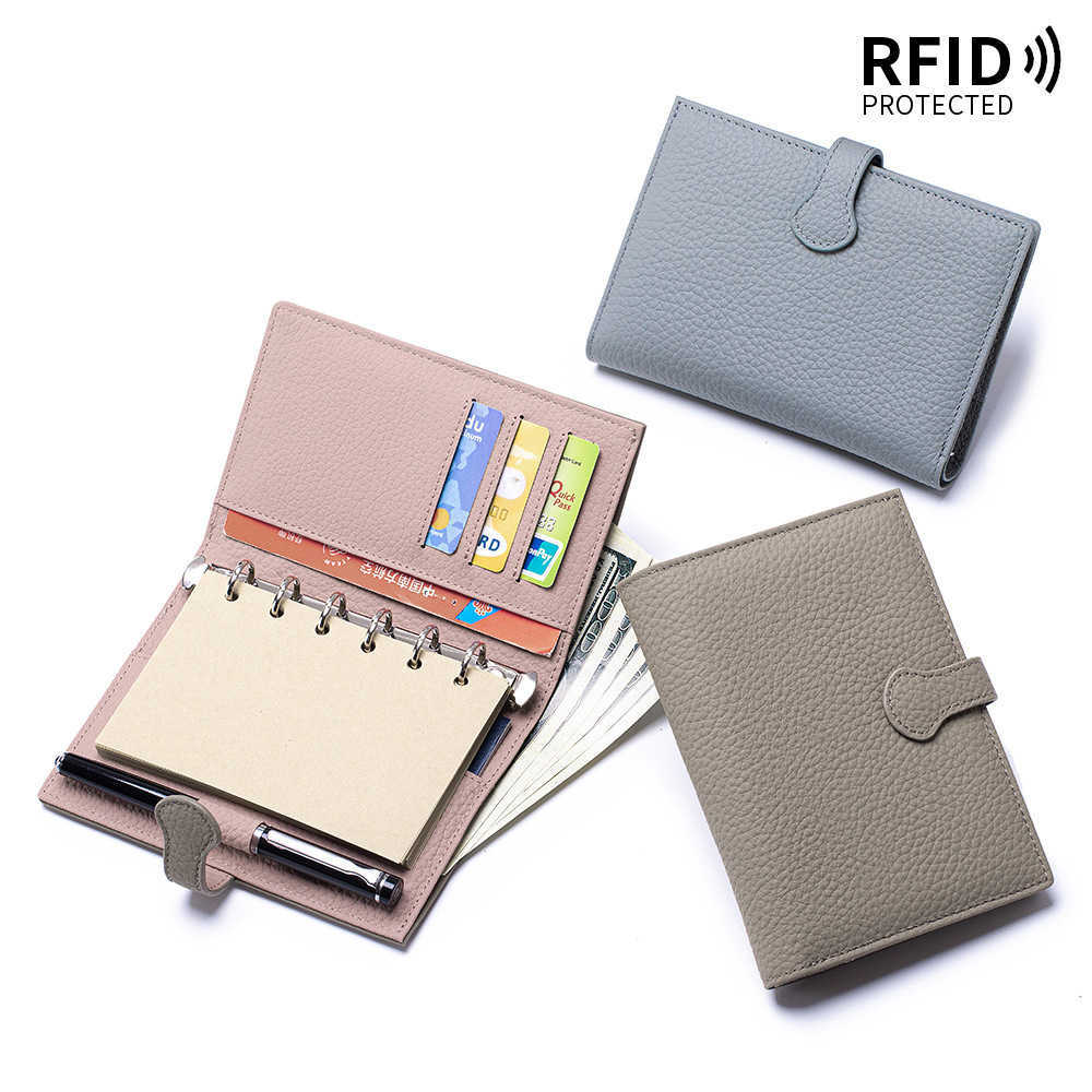 Leather multi-functional A7 loose-leaf notebook with detachable top-grain cowhide passport and ID storage bag and RFID wallet H260523