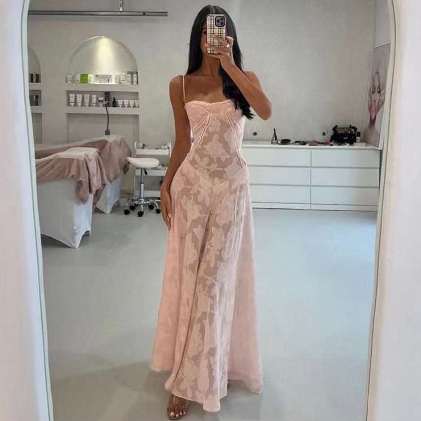 Summer Floral Sheer Strap Dress Slim Fit Sexy Casual Holiday Beach Vacation Wear Elegant Women Long Dress MAKOUFEI