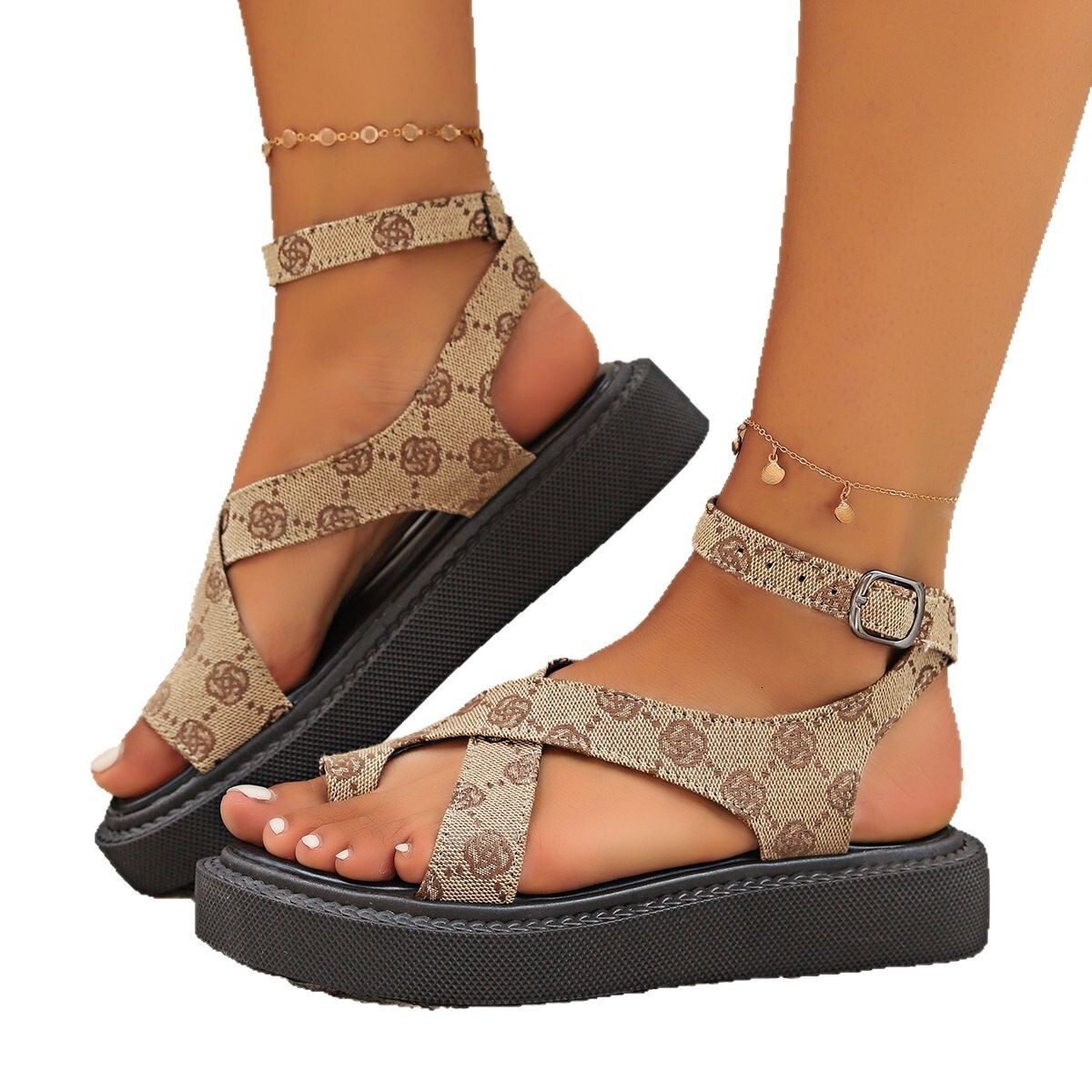 Womens Leopard Print Platform Sandals Ankle Buckle Strap Crisscross Open Toe Summer Shoes