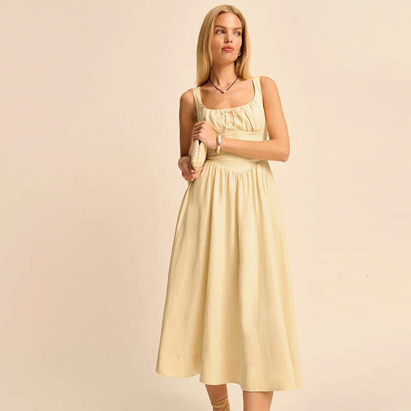 French Linen Square Neck Dress Solid Yellow Pure Desire Mid Length Casual Vacation Dress MAKOUFEI