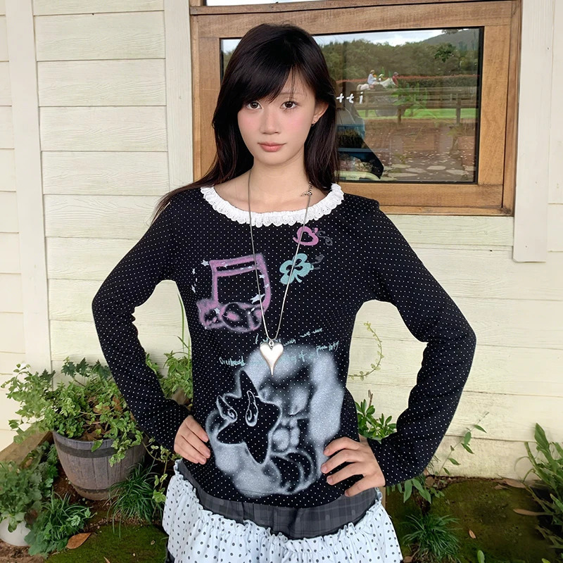 Karrram Japanese Y2k Anime Prin T-shirt 2000s Style Long Sleeve Polka Dot T Shirt Vintage Harajuku Lace Patchwork Tops Cutrecore 260521 - view 4