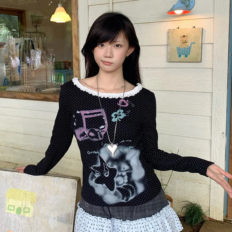 Karrram Japanese Y2k Anime Prin T-shirt 2000s Style Long Sleeve Polka Dot T Shirt Vintage Harajuku Lace Patchwork Tops Cutrecore 260521 - view 3