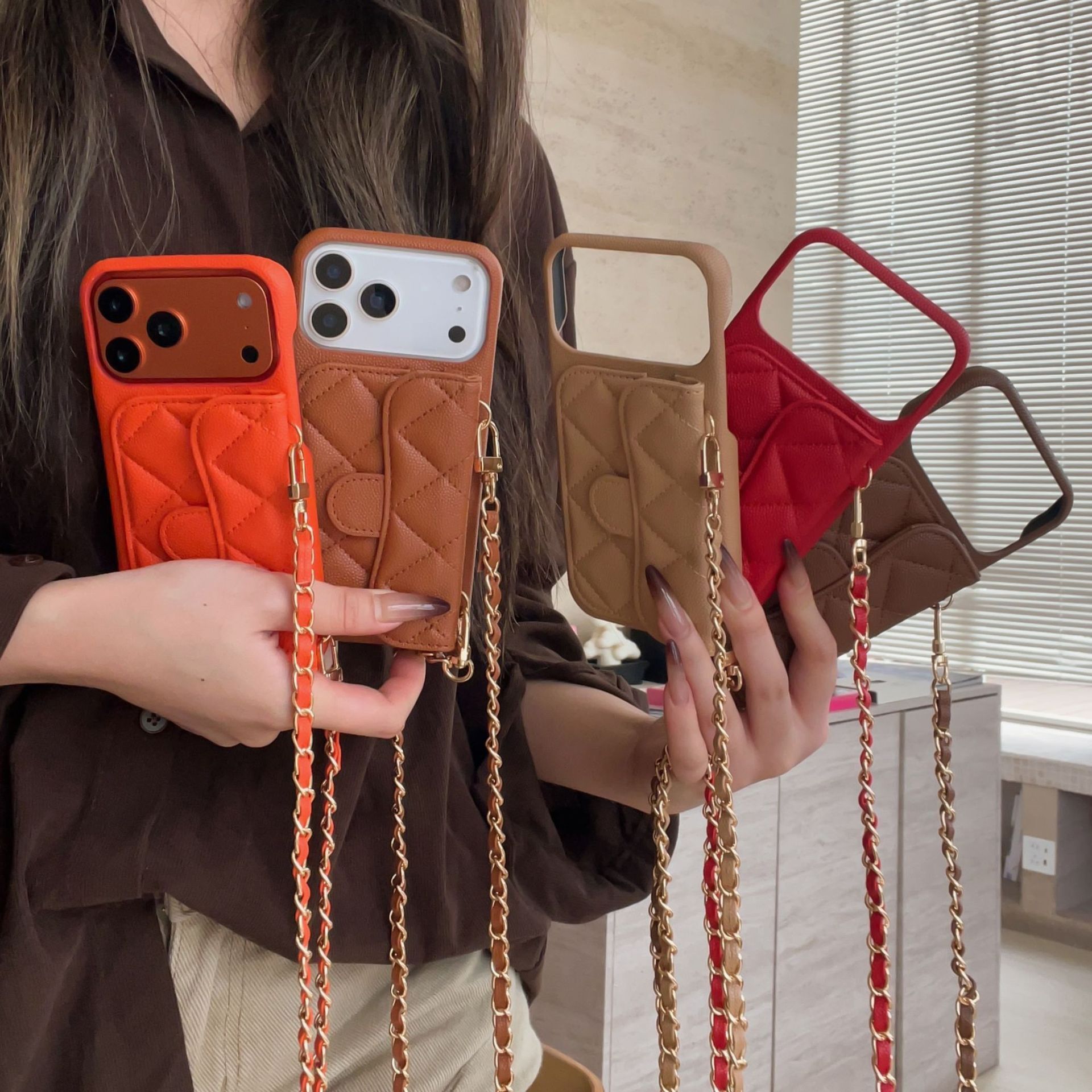 Chic style lychee pattern card slot case iPhone 17 with crossbody strap, suitable for 15/16/17 Pro Max, three guarantees included