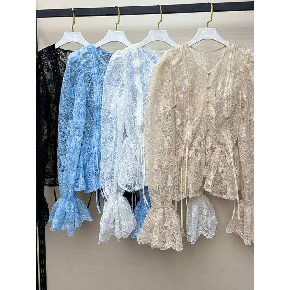 Women Lace Blouse Long Puff Sleeve Round Neck Pearl Button Fitted Waist Sheer Top Spring Summmer Elegant Romantic Shirts - view 6