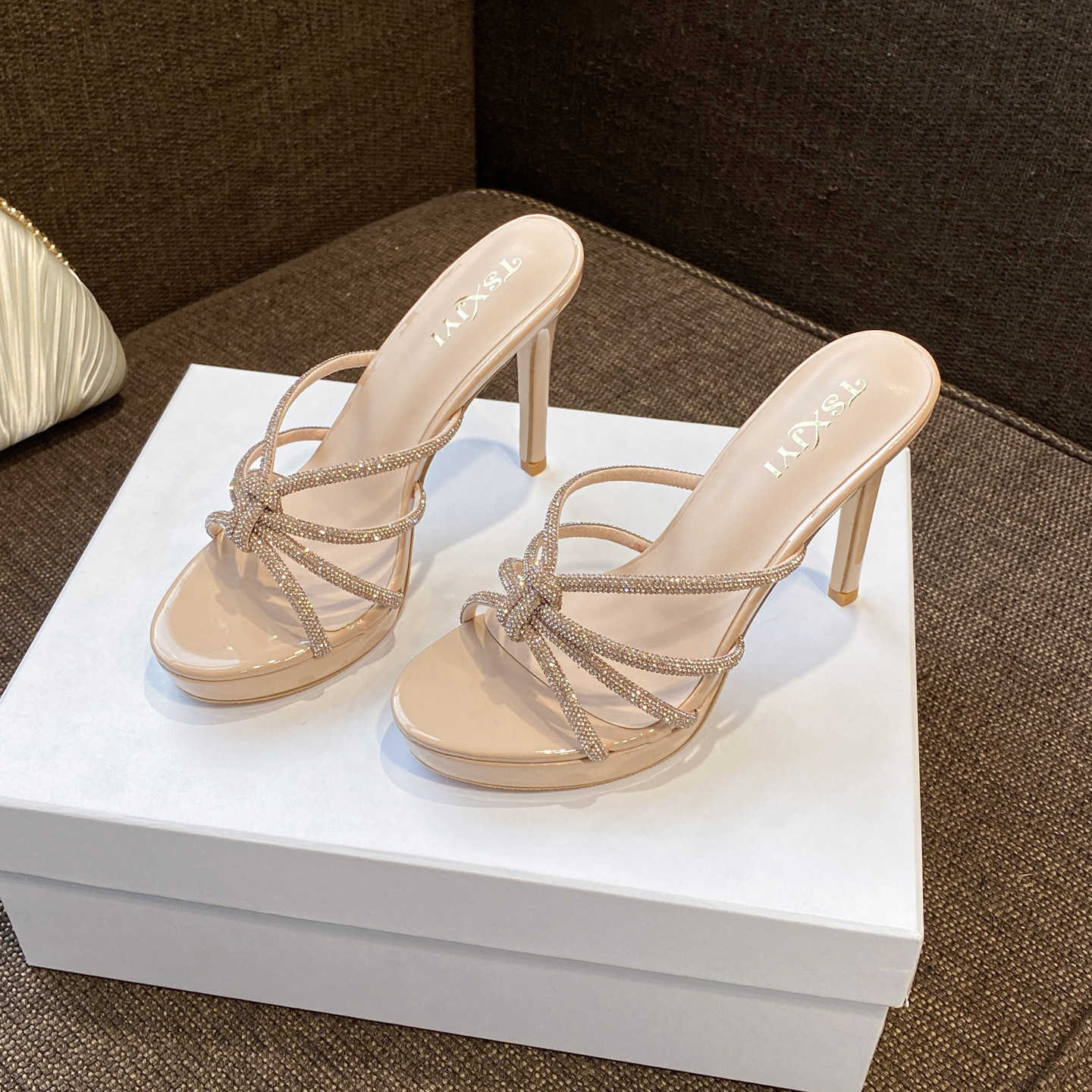 12cm Nude Rhinestone Open-Toe Sandals for Women 2026 Summer New Style Thin Heel Round Toe Strap Platform High Heels X260522
