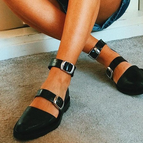 Womens Black Leather Double Buckle Strap Mary Jane Shoes Low Block Heel - view 3