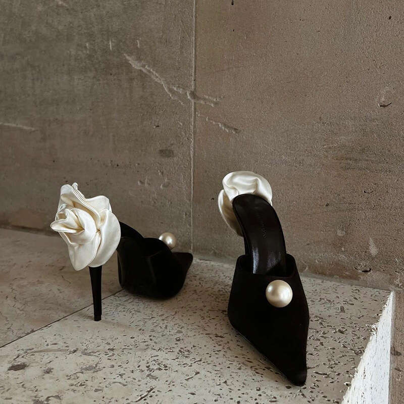 French Style New Pointed Satin Pearl High Heels Women Thin Heel Socialite Party White Rose Flower Closed Toe Backless Sandals
