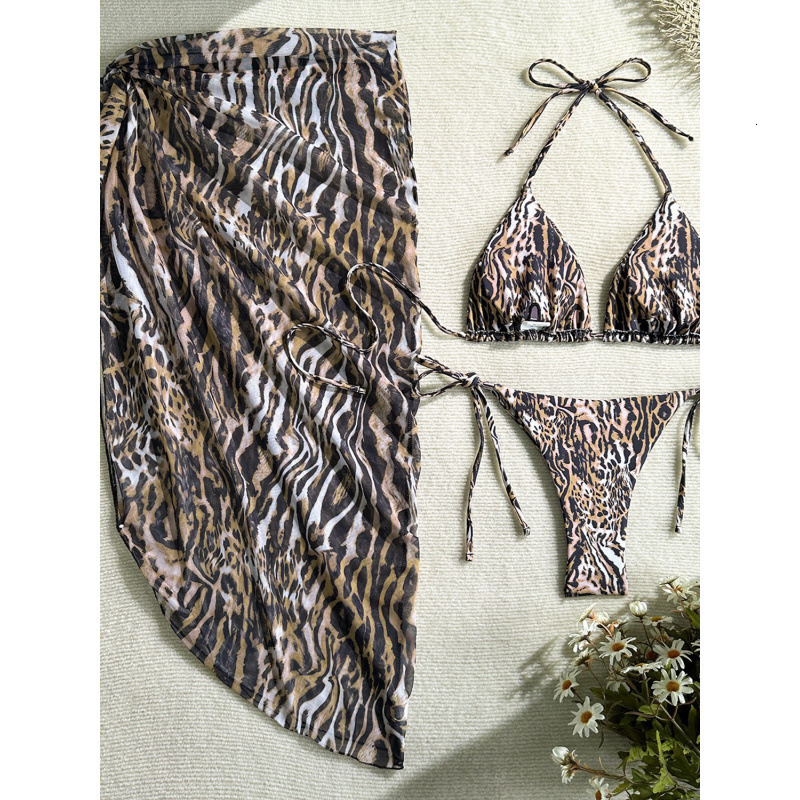 2026 European and American leopard print new beach sunscreen mesh skirt fashionable and sexy three piece set bikini split swimsuit