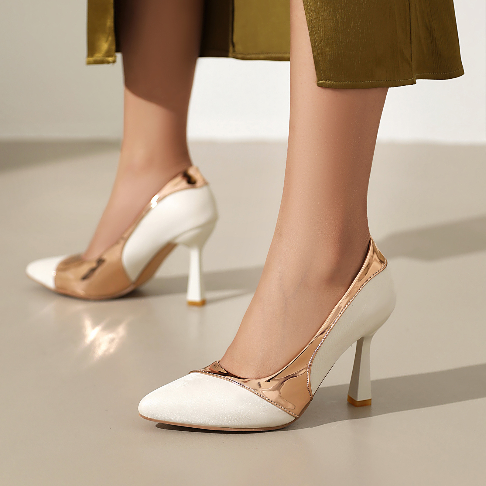 Womens White Fuchsia Two Tone Pumps Pointed Toe Flared Fashion Gifts Heel Dress Shoes - view 6