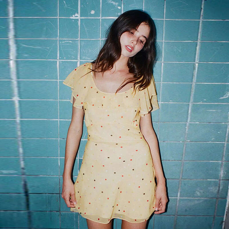 Retro French Yellow Polka Dot Dress U Neck Bias Cut A-line Mini Skirt Summer Casual Women Outfit MAKOUFEI