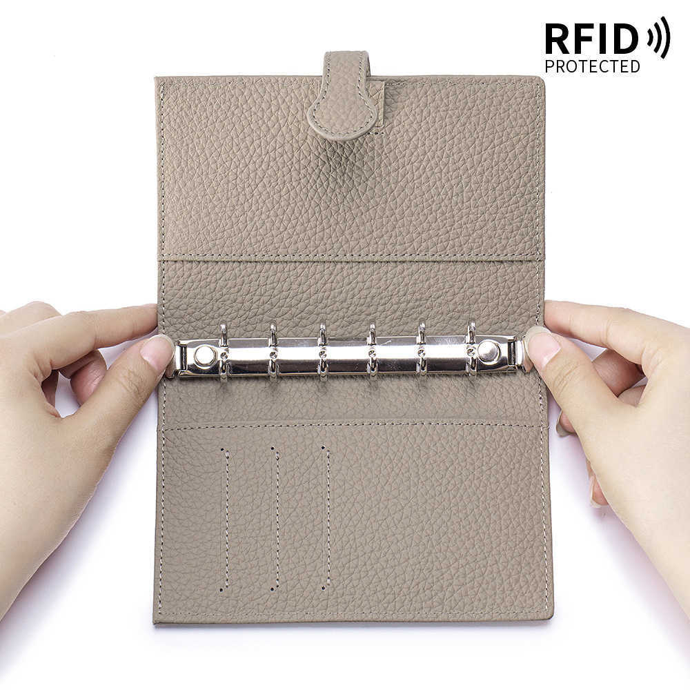 Leather multi-functional A7 loose-leaf notebook with detachable top-grain cowhide passport and ID storage bag and RFID wallet H260523
