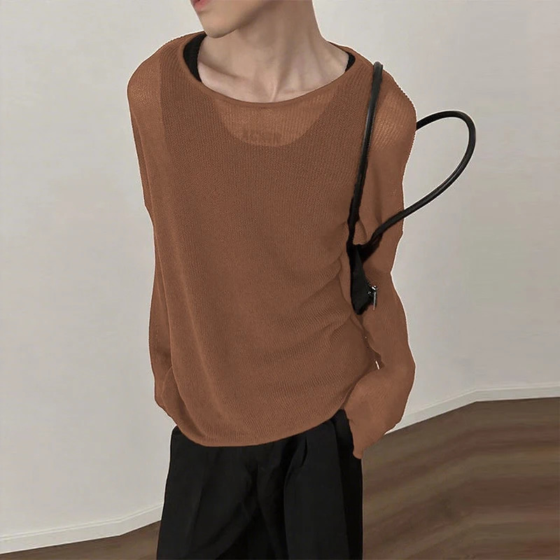American Fashion Men T-shirt Sexy See-through O Neck Long Sleeve Tops Leisure KHollow Out Solid Color Pullovers S-2XL 260522