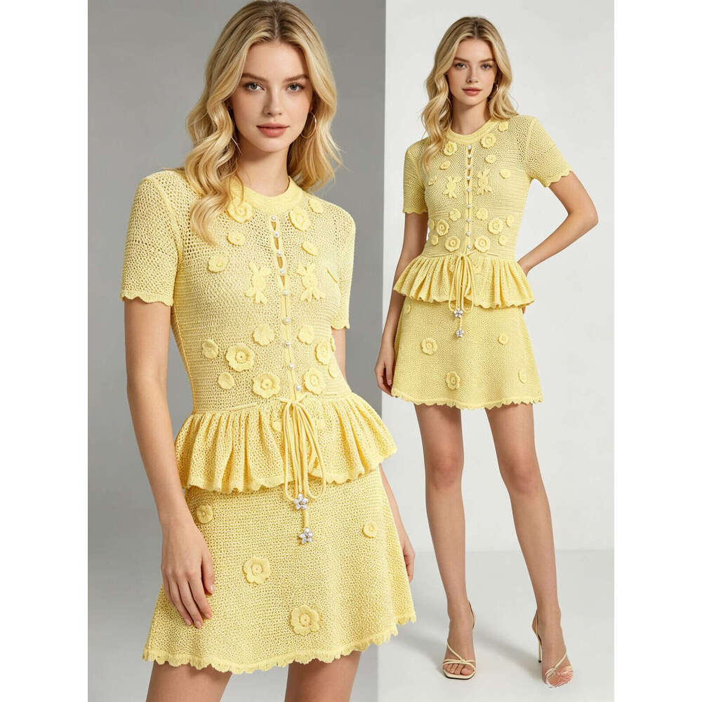 2026 Summer Yellow Knit Dress Set Floral Embroidery Short Sleeve Peplum Top + Skirt Skinny Slimming