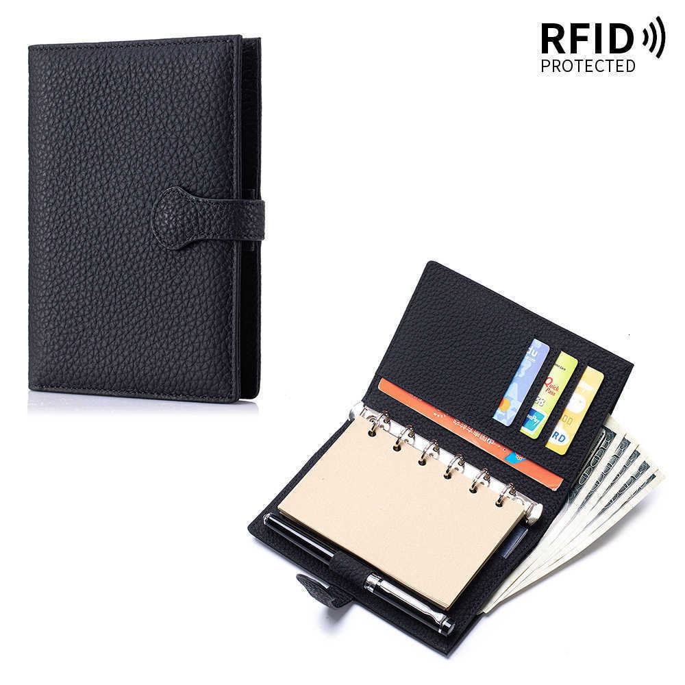 Leather multi-functional A7 loose-leaf notebook with detachable top-grain cowhide passport and ID storage bag and RFID wallet H260523