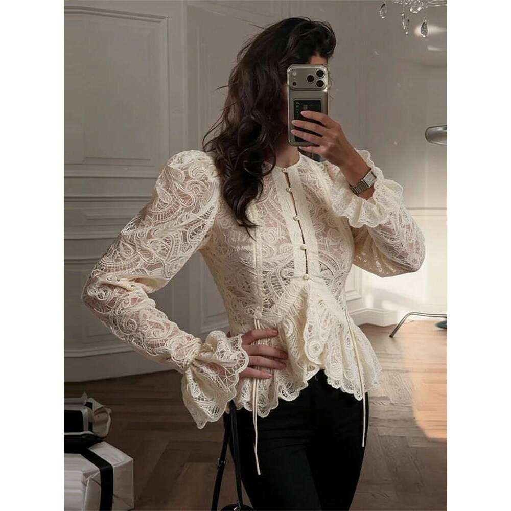 Women Lace Blouse Long Puff Sleeve Round Neck Pearl Button Fitted Waist Sheer Top Spring Summmer Elegant Romantic Shirts - view 3