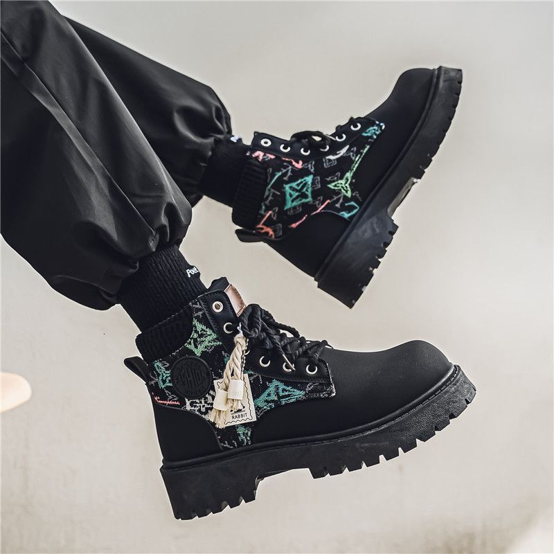 Mens Black Platform Combat Boots With Colorful Embroidery And Tassels daily outfit