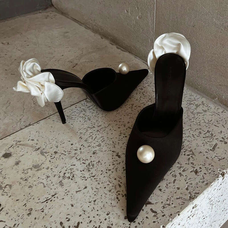 French Style New Pointed Satin Pearl High Heels Women Thin Heel Socialite Party White Rose Flower Closed Toe Backless Sandals
