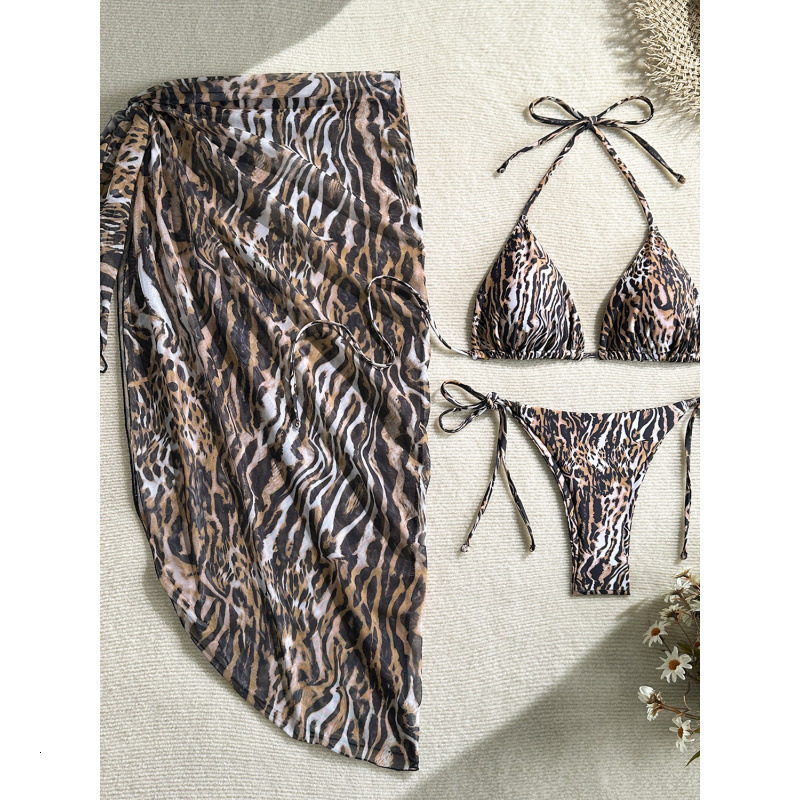 2026 European and American leopard print new beach sunscreen mesh skirt fashionable and sexy three piece set bikini split swimsuit