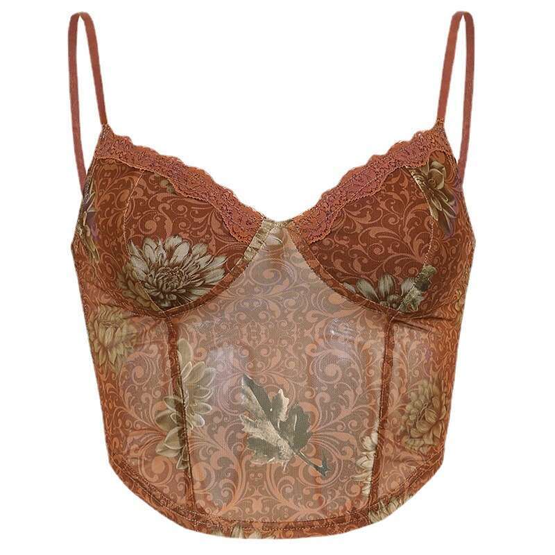 Trendy Unique Printed Mesh Camisole Slim Sleeveless Sexy Casual Tank Top Fashion Streetwear Daily Party Wear MAKOUFEI