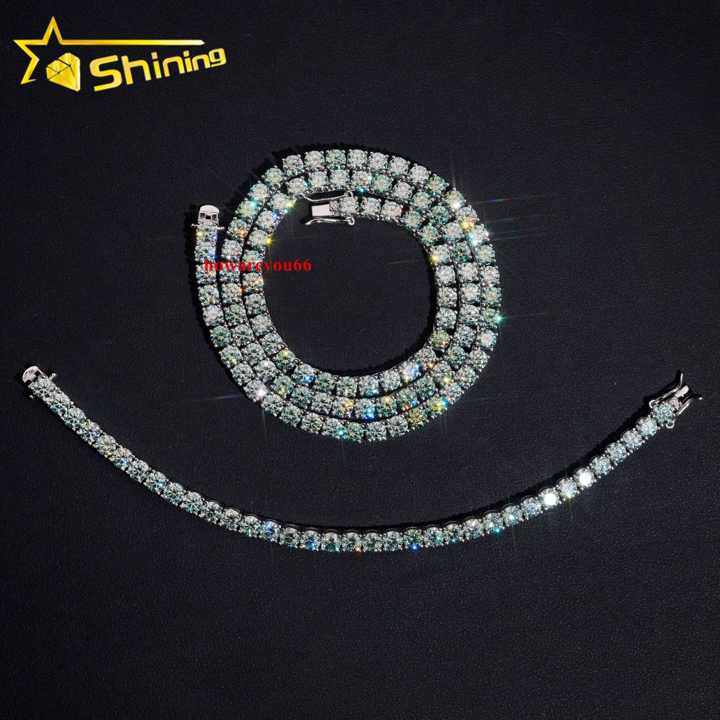 Wholesale Price Blue-green Moissanite Tennis Chain 925 Sterling Silver Gold Plated Pass Diamond Test Colors Moissanite Necklace
