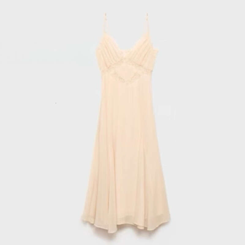 Solid Color V Neck Hollow Lace Strap Dress Backless Elegant Sexy Mid Length Vacation Dress MAKOUFEI