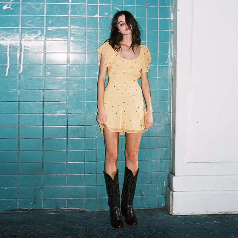 Retro French Yellow Polka Dot Dress U Neck Bias Cut A-line Mini Skirt Summer Casual Women Outfit MAKOUFEI