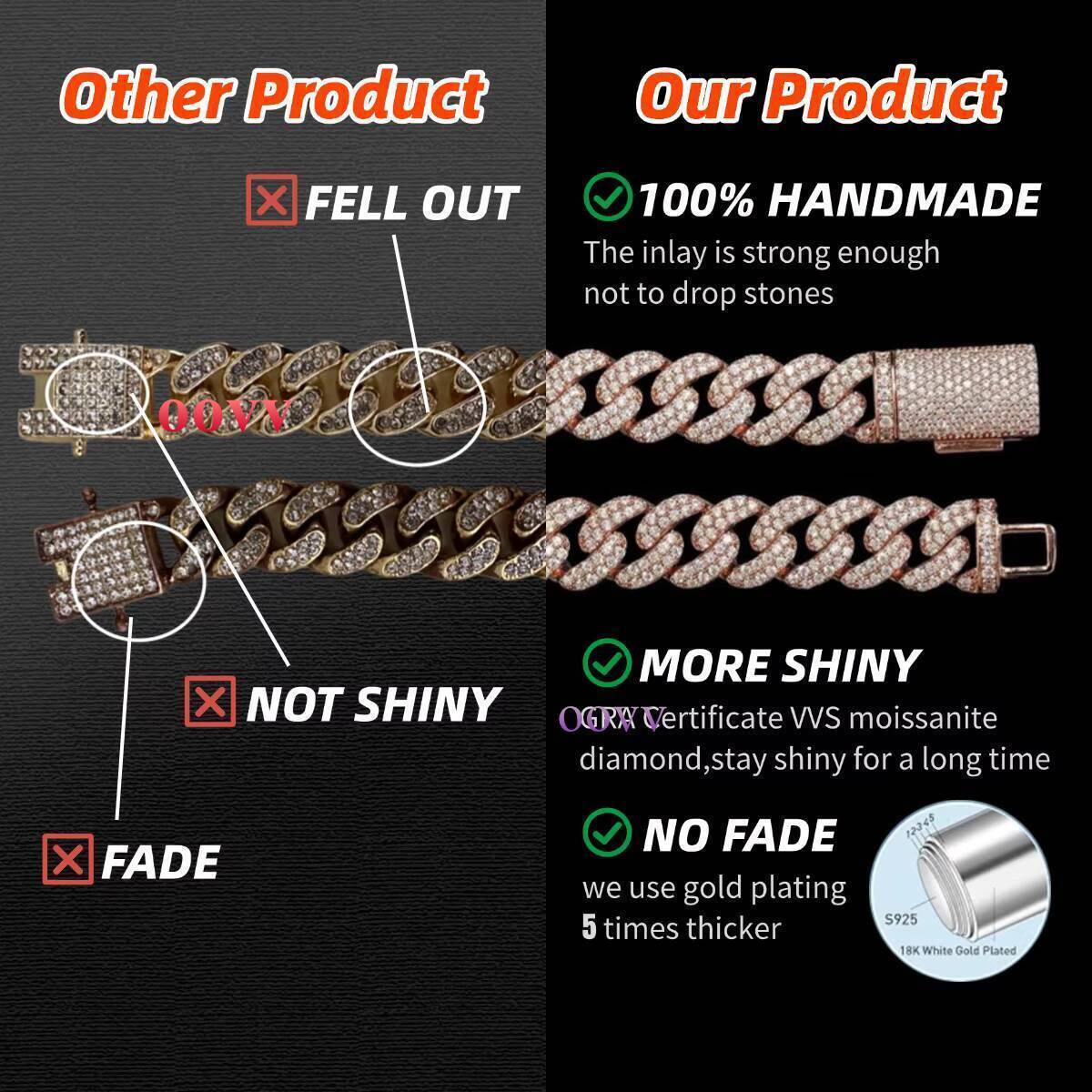 Rose Gold 10mm Tennis Bracelet VVS Pear Moissanite Diamond Hip Hop 925 Silver Bracelet Iced Out Chain for Men Charm Bracelet