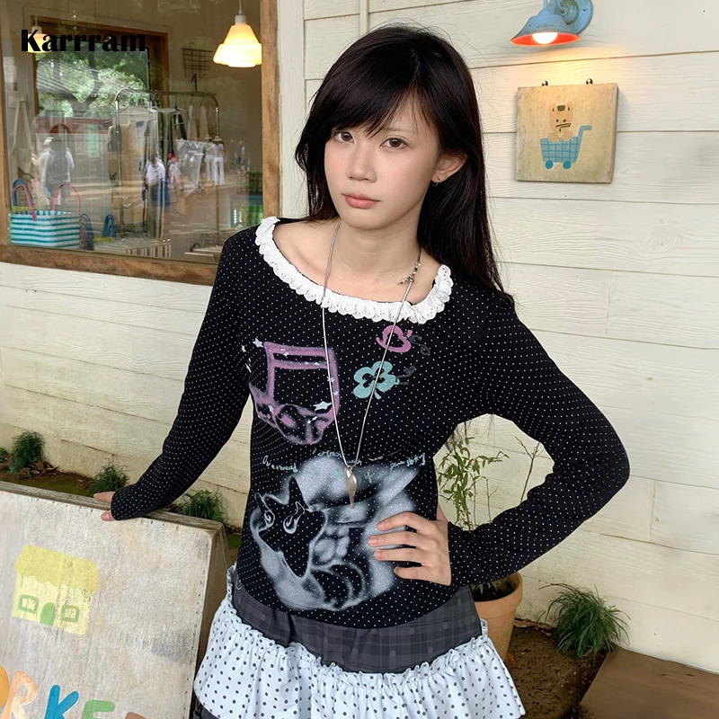 Karrram Japanese Y2k Anime Prin T-shirt 2000s Style Long Sleeve Polka Dot T Shirt Vintage Harajuku Lace Patchwork Tops Cutrecore 260521