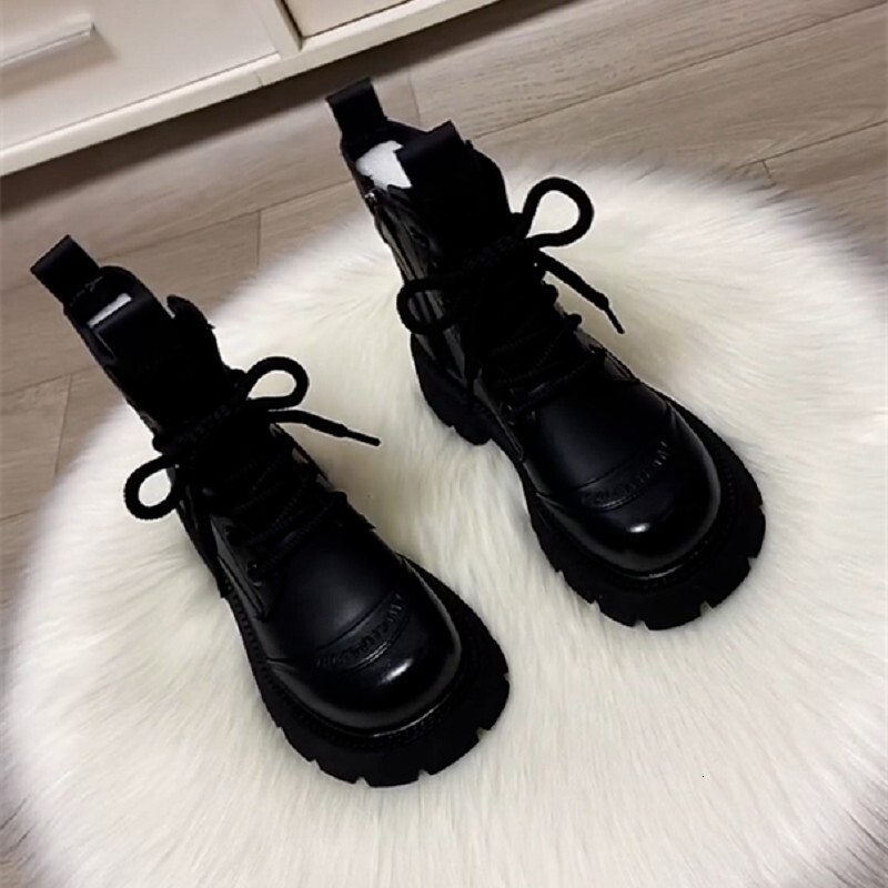 PUAL VIDISI Women Vintage Brown Leather Platform Combat Boots Side Zipper Lace Up Thick Sole Ankle Martin Boots - view 5