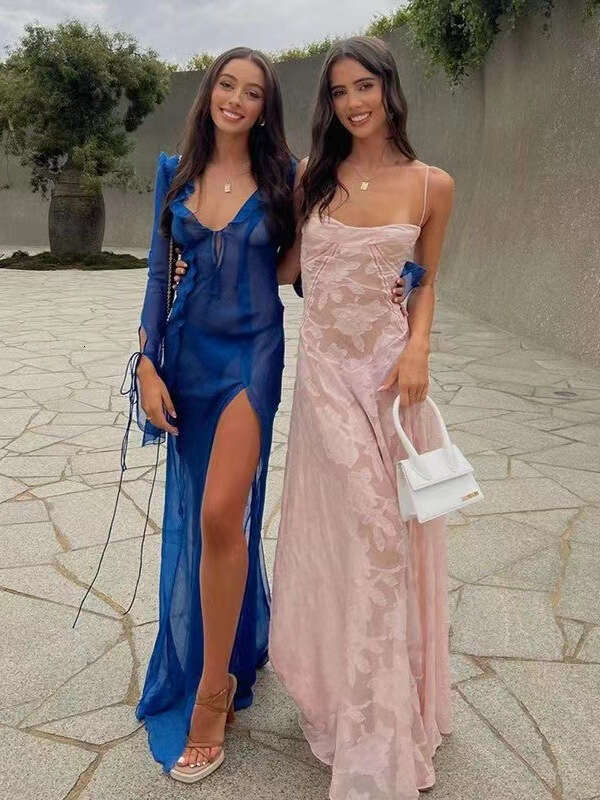 Summer Floral Sheer Strap Dress Slim Fit Sexy Casual Holiday Beach Vacation Wear Elegant Women Long Dress MAKOUFEI