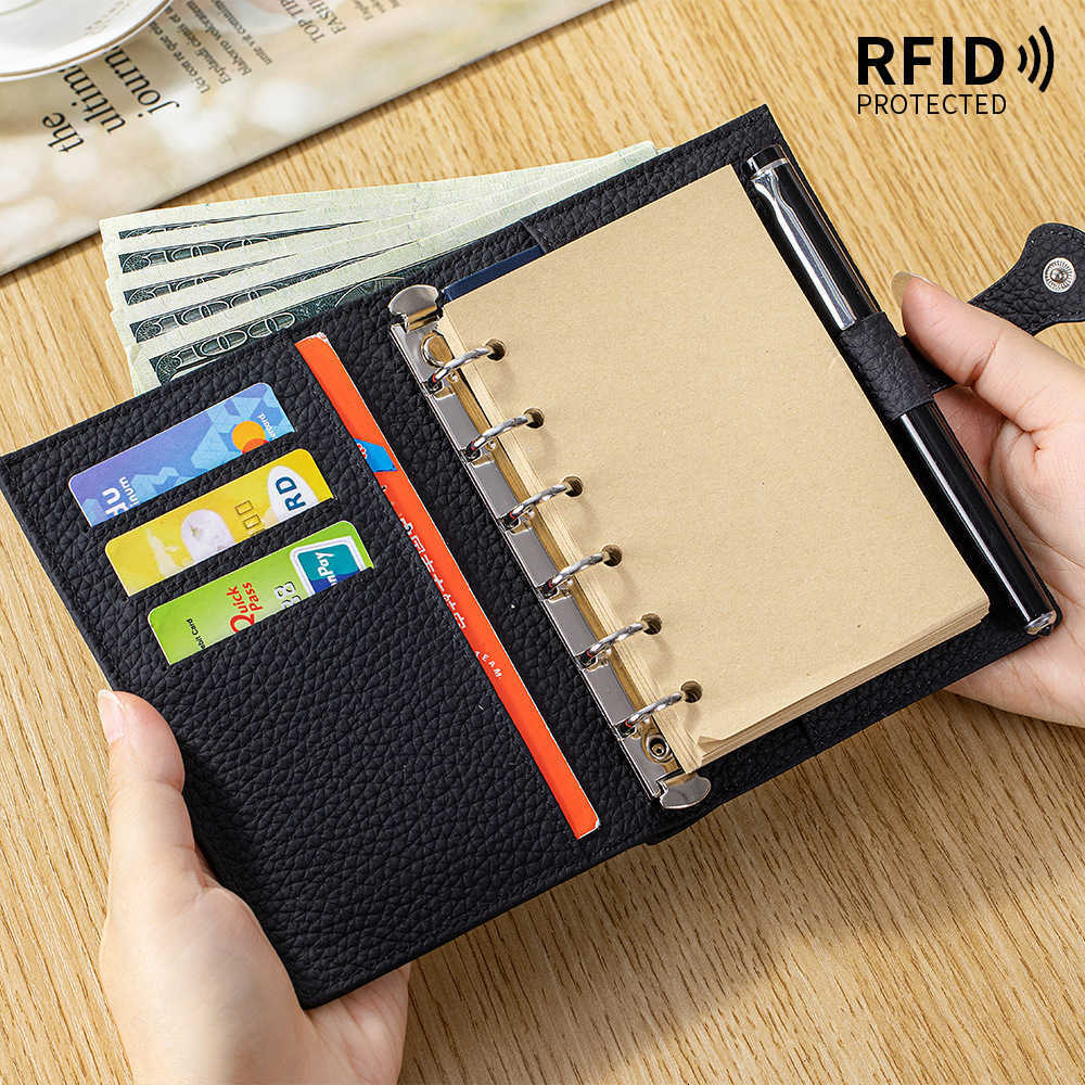 Leather multi-functional A7 loose-leaf notebook with detachable top-grain cowhide passport and ID storage bag and RFID wallet H260523