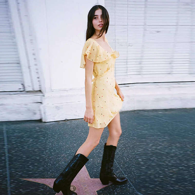 Retro French Yellow Polka Dot Dress U Neck Bias Cut A-line Mini Skirt Summer Casual Women Outfit MAKOUFEI