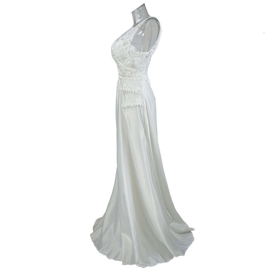 Trendy Solid Color Lace Splicing Dress Hollow Out Backless Sleeveless Long Evening Wedding Party Gown For Women MAKOUFEI