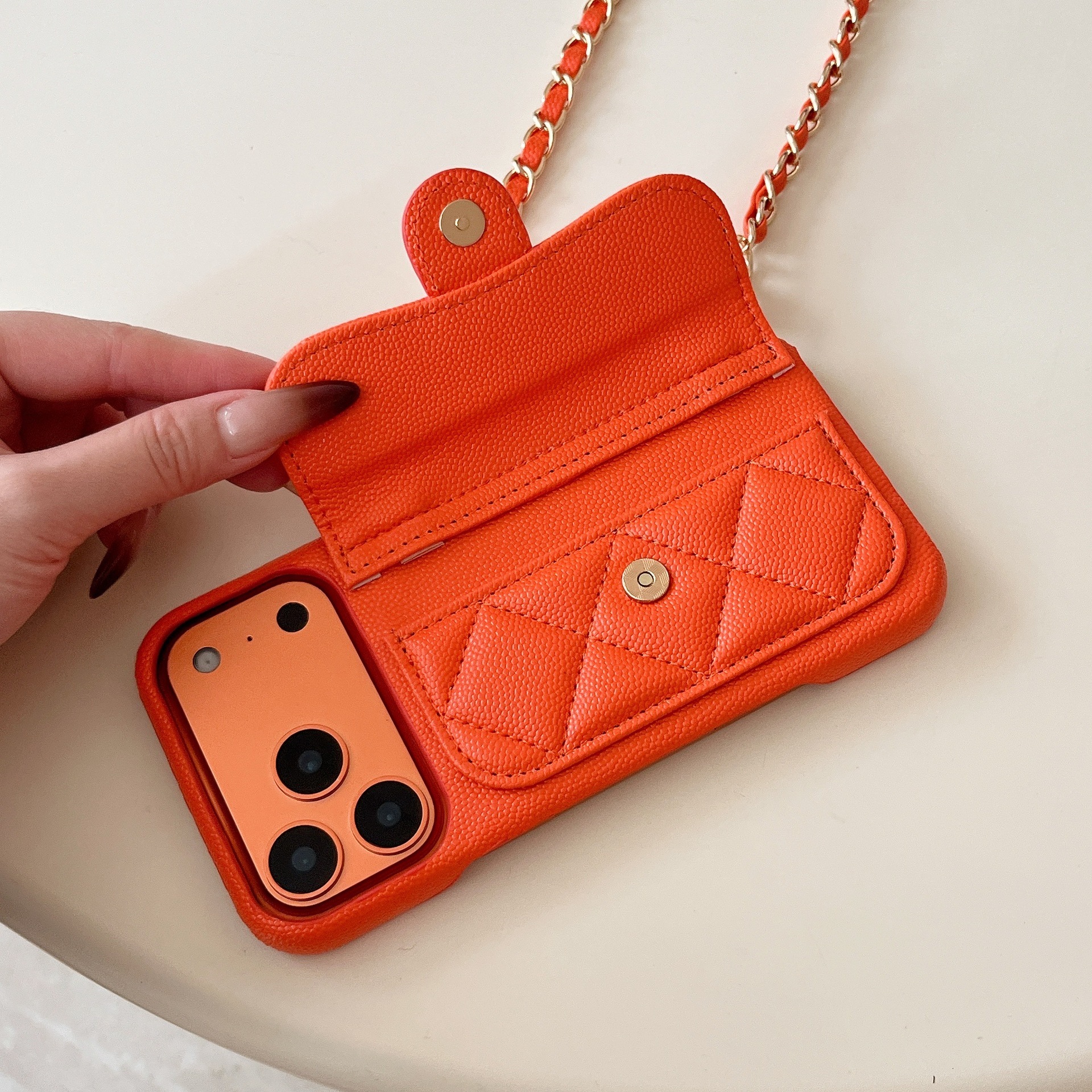 Chic style lychee pattern card slot case iPhone 17 with crossbody strap, suitable for 15/16/17 Pro Max, three guarantees included