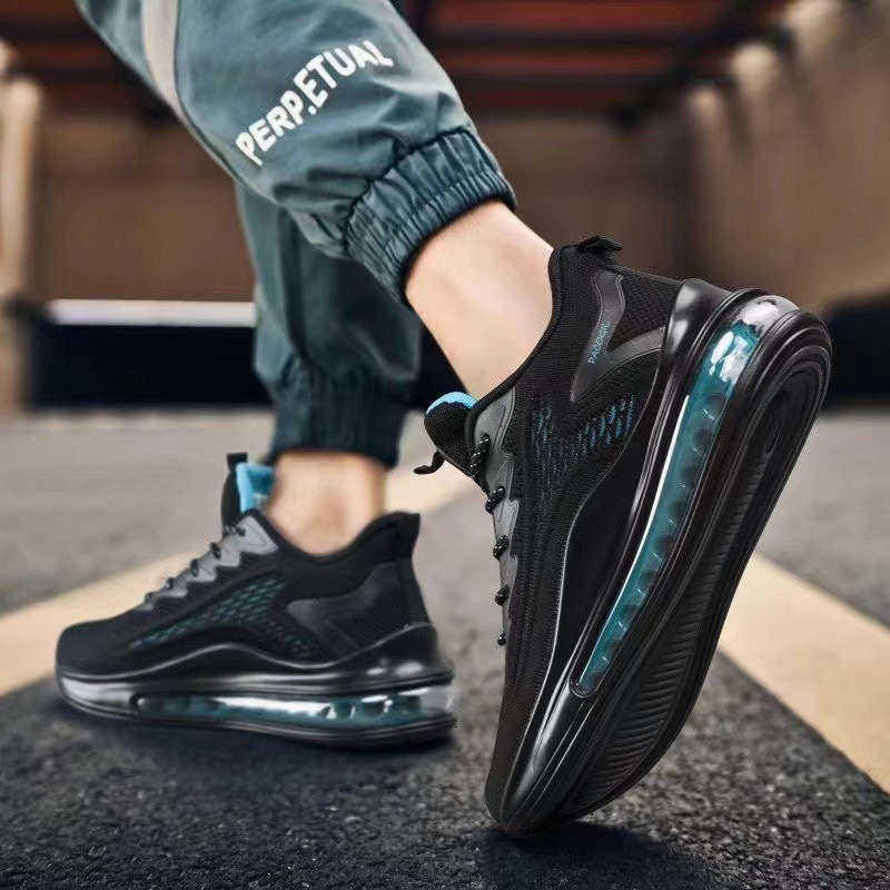 Mens running shoes Black Mesh Air Cushion Sneakers With Teal Accents Print Daily Outfit