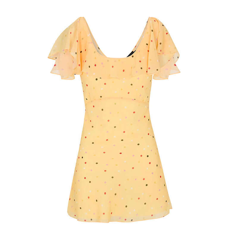 Retro French Yellow Polka Dot Dress U Neck Bias Cut A-line Mini Skirt Summer Casual Women Outfit MAKOUFEI