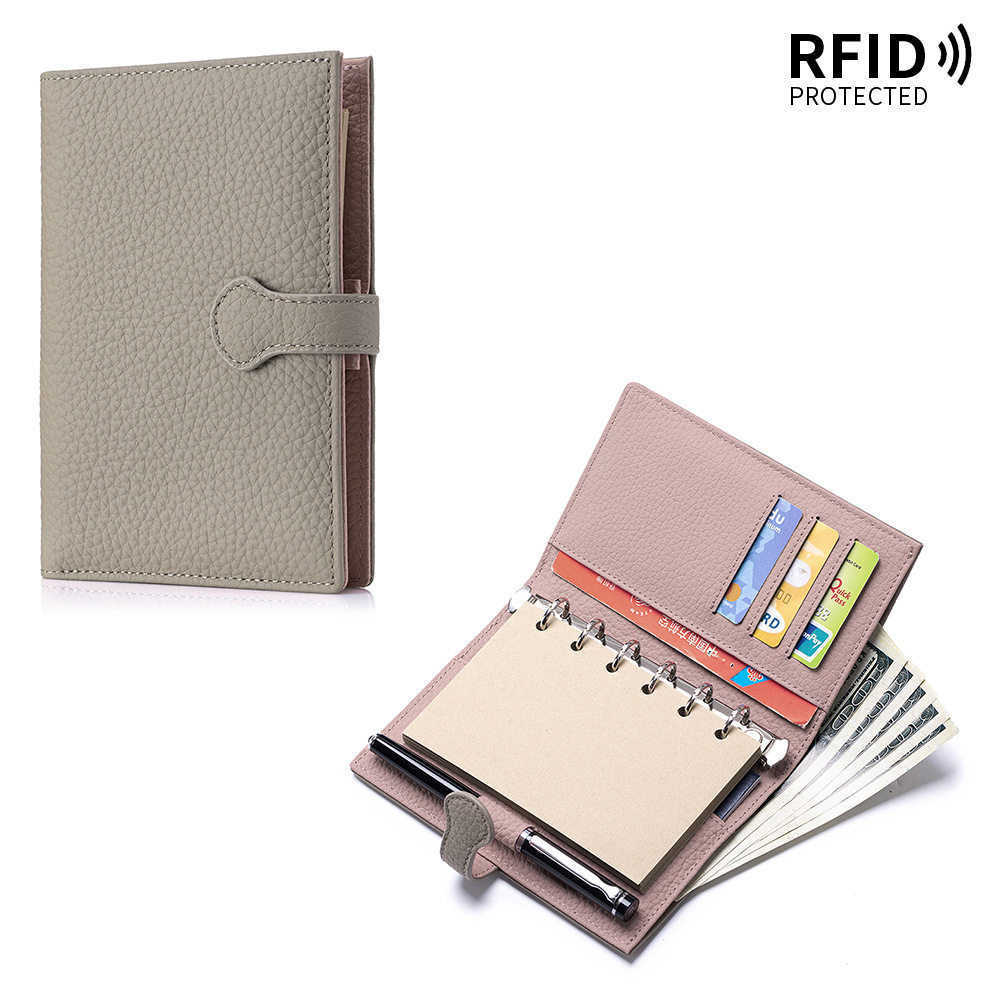 Leather multi-functional A7 loose-leaf notebook with detachable top-grain cowhide passport and ID storage bag and RFID wallet H260523