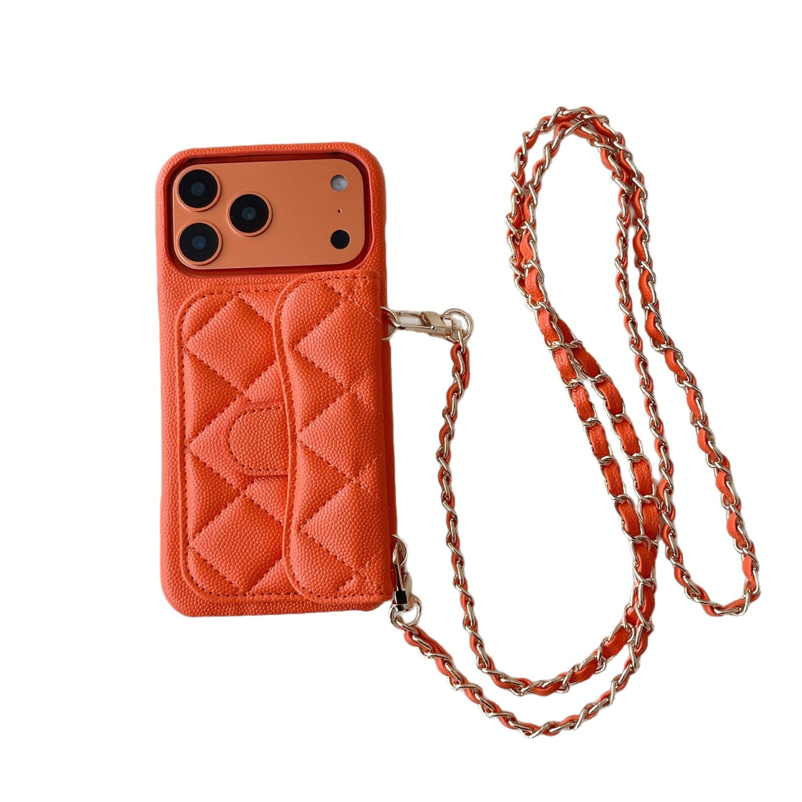 Chic style lychee pattern card slot case iPhone 17 with crossbody strap, suitable for 15/16/17 Pro Max, three guarantees included