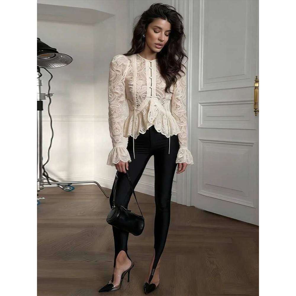 Women Lace Blouse Long Puff Sleeve Round Neck Pearl Button Fitted Waist Sheer Top Spring Summmer Elegant Romantic Shirts - view 5
