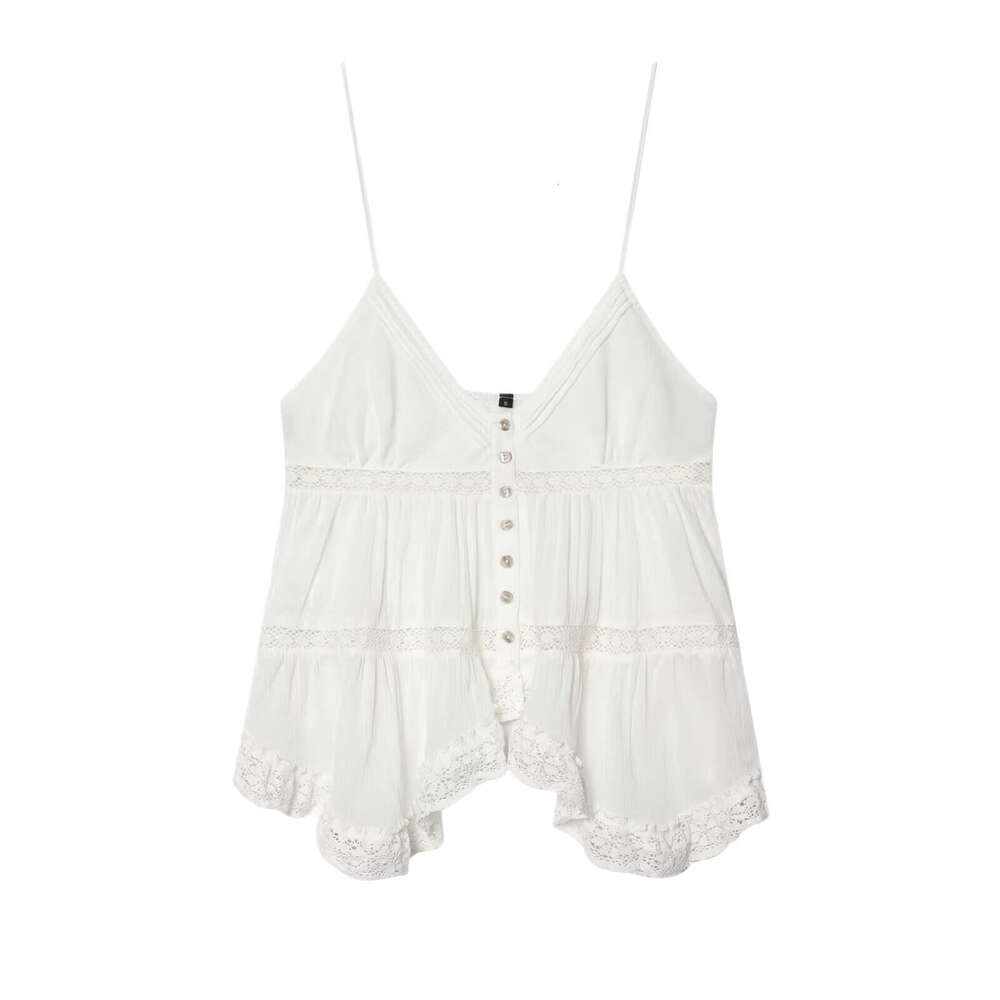 Cross-Border Women's French-Style White Camisole, New Summer Model With Lace Splicing Design, Niche Vacation-Style Top 1d49