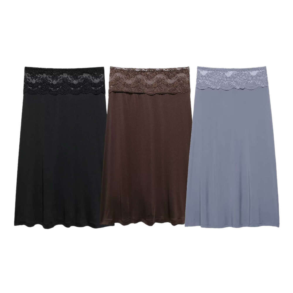 Cross-Border Women's Clothing Lace Mid-Length New Spring And Autumn High-Waisted Drapey Patchwork Skirt, Fashionable Midi Skirt 19e4