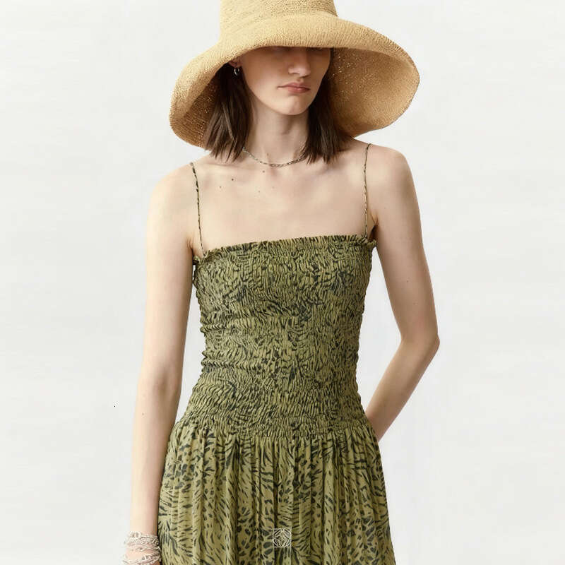 New Green Leopard Print Square Neck Ruched Strap Long Dress Breathable French Vintage Women Dress MAKOUFEI