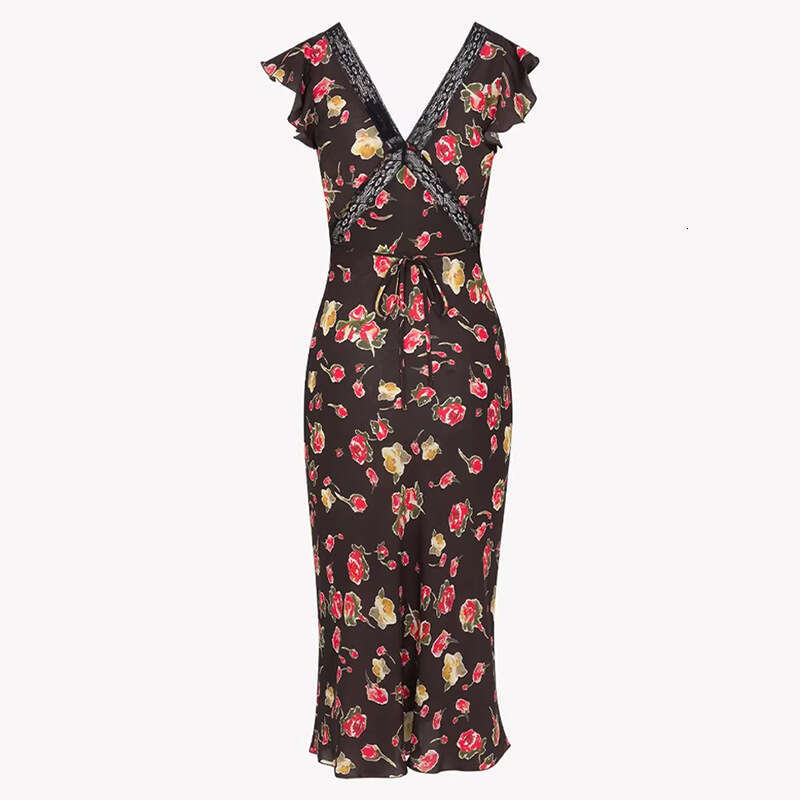 Summer New Black Printed V Neck Lace Trim Cross Waist Vintage Midi Dress MAKOUFEI